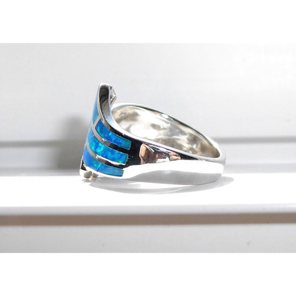 925 STERLING SILVER Lab Created Blue Fire Opal Wave Ring - Picture 10 of 16